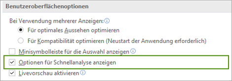 Schnellanalyse in den Optionen aktivieren.