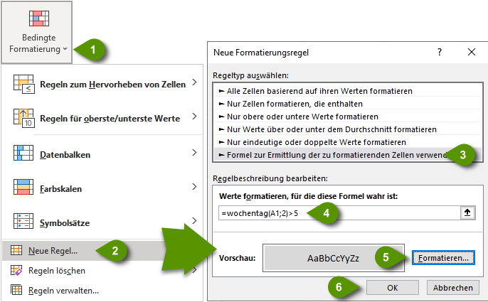 Bedingte Formatierung per Formel definieren.