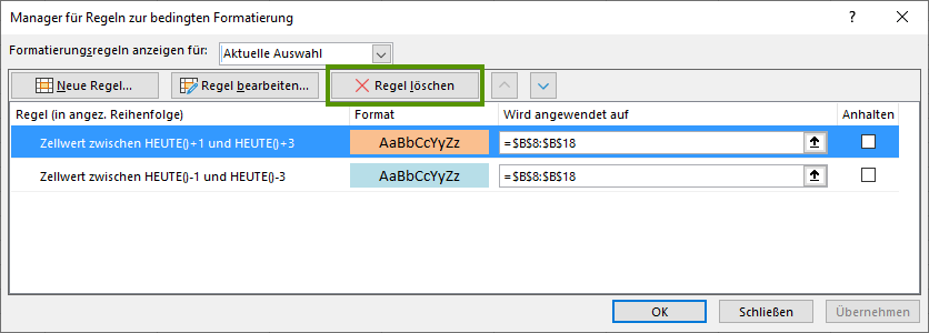 Löschen der bedingten Formate im Dialog.