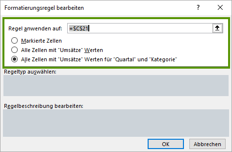 Anwendungsumfang der bedingten Formatierung in Pivot-Tabellen.