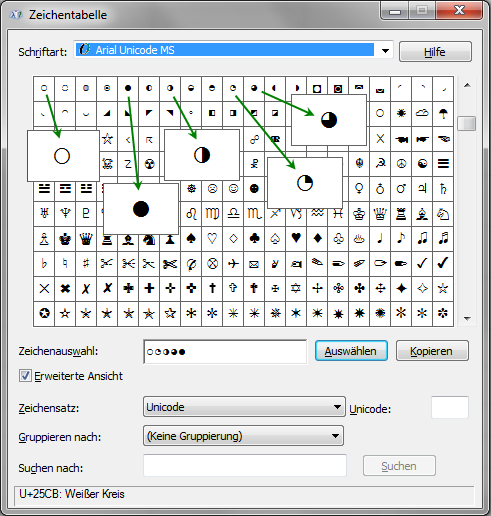 Harvey Balls im Zeichensatz Arial Unicode MS